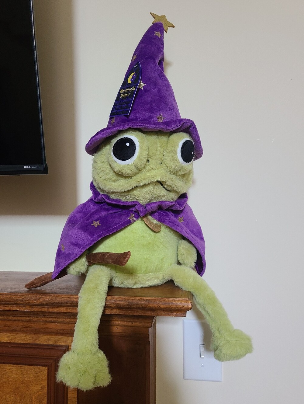 Moonlight Manor Halloween Frog Wizard with Wand wearing the purple cape